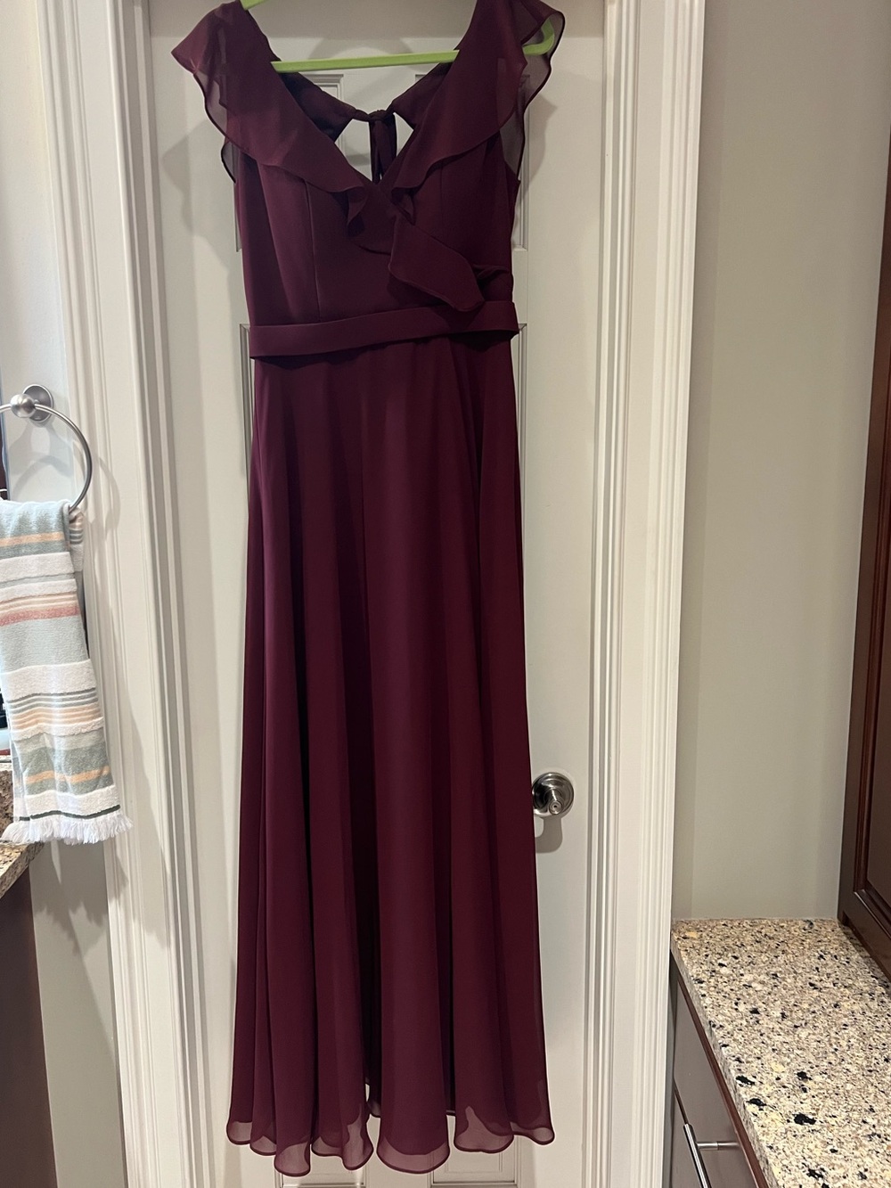 Mori Lee Wine Ruffle-Trim V-Neck Maxi Dress